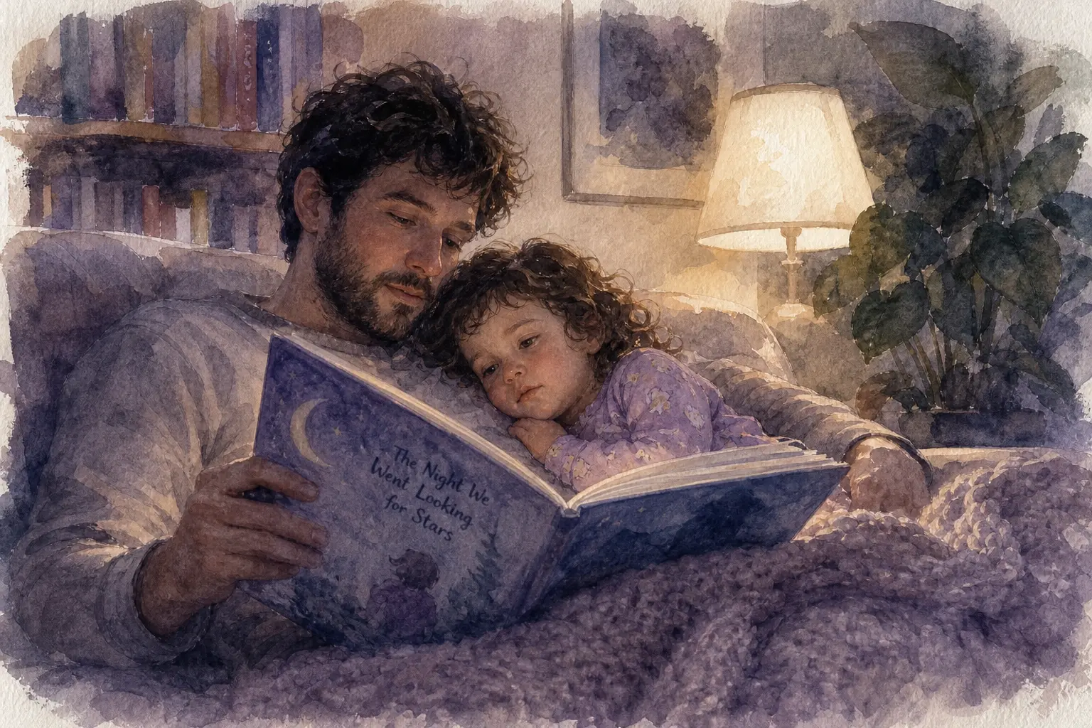 Padre leyendo un cuento a su hija de 2 años tumbados en el sofá por la tarde, luz cálida y ambiente íntimo
