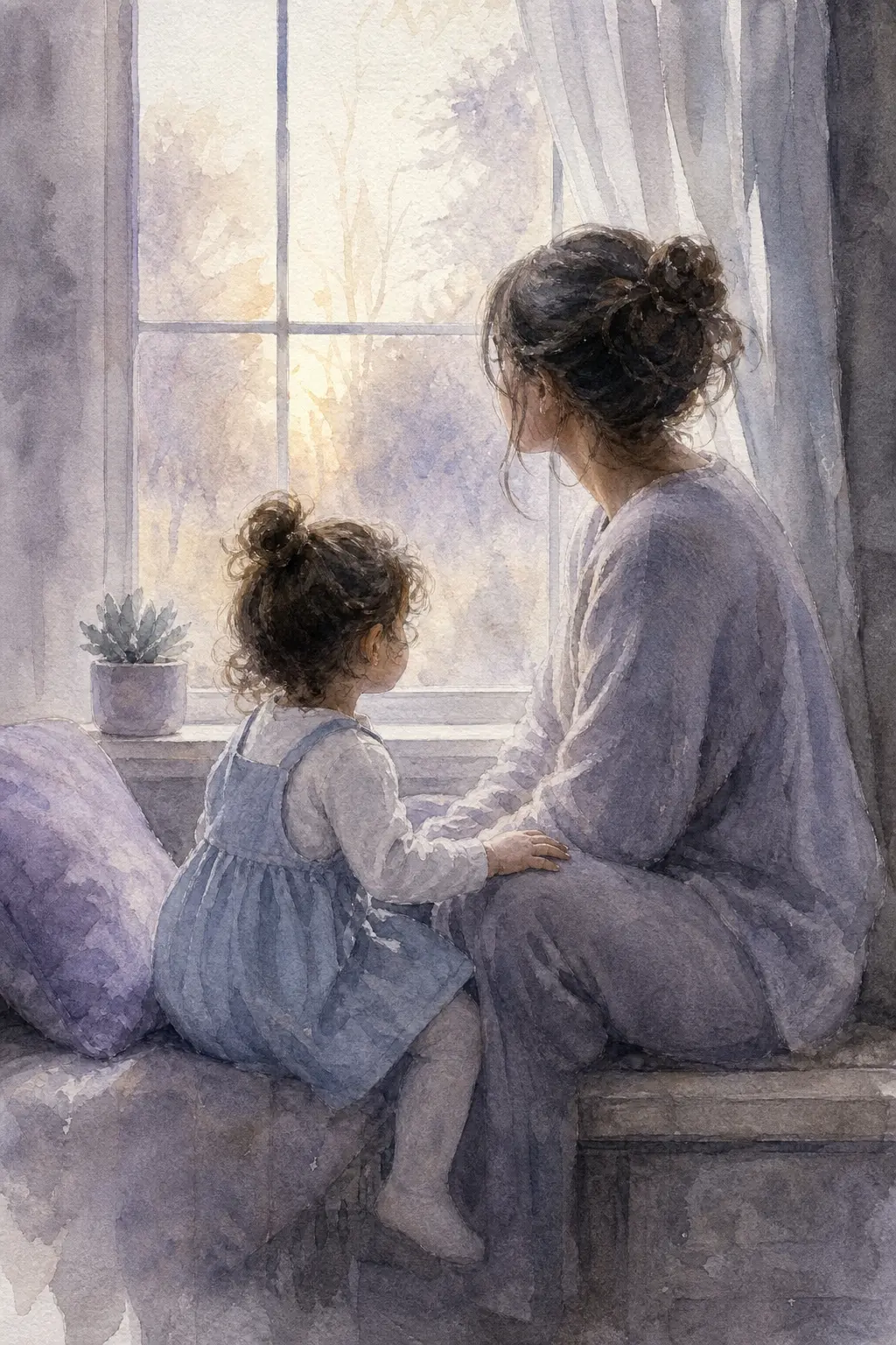 Niña de 2 años tranquila junto a su madre después de llorar, luz suave de tarde y ambiente íntimo y sereno
