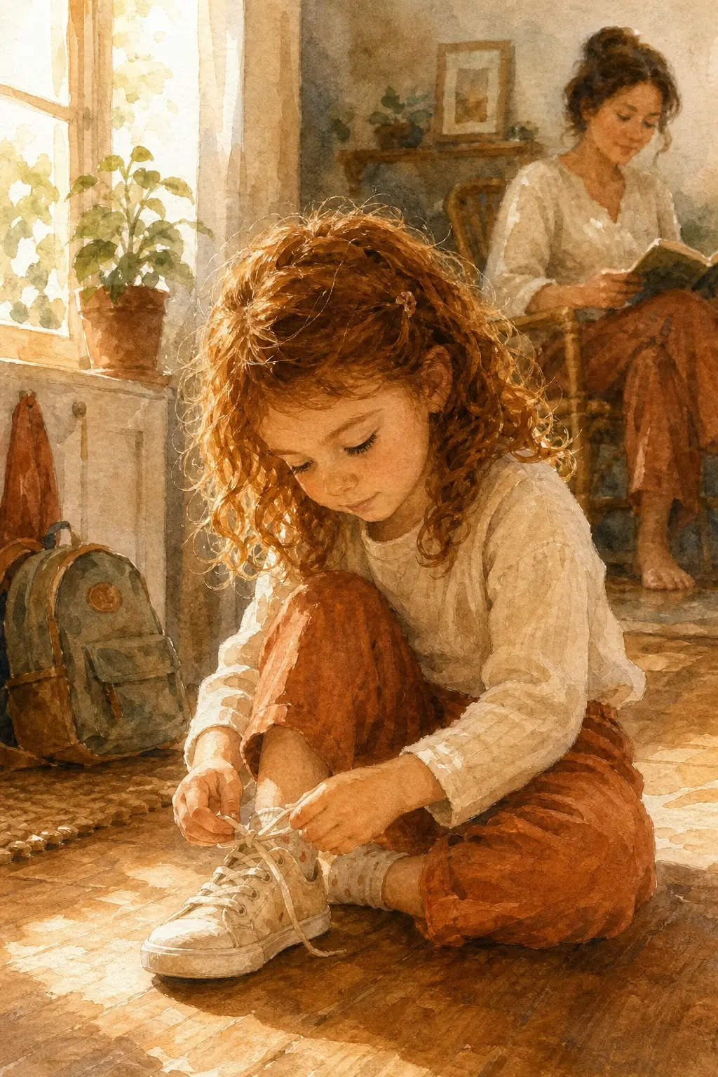 Niña de 4 años atándose los cordones tras varios intentos, símbolo de la tolerancia a la frustración bien acompañada