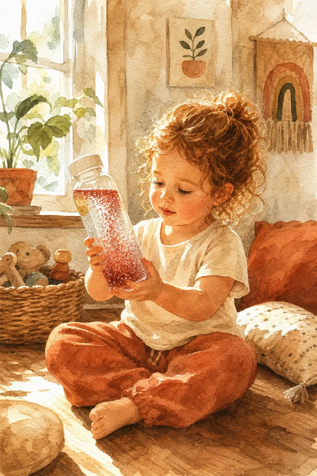Niña de 2 años agitando una botella sensorial con purpurina y mirándola caer despacio para regular la frustración