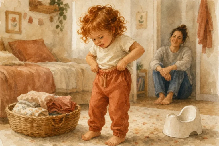Niña subiéndose el chándal sola con concentración — autonomía vestirse para dejar el pañal · Los Mundos de Noa