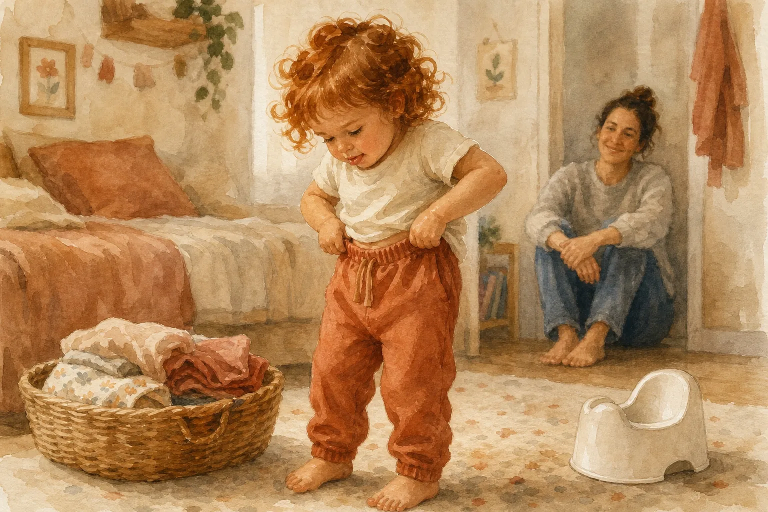 Niña subiéndose el chándal sola con concentración — autonomía vestirse para dejar el pañal · Los Mundos de Noa