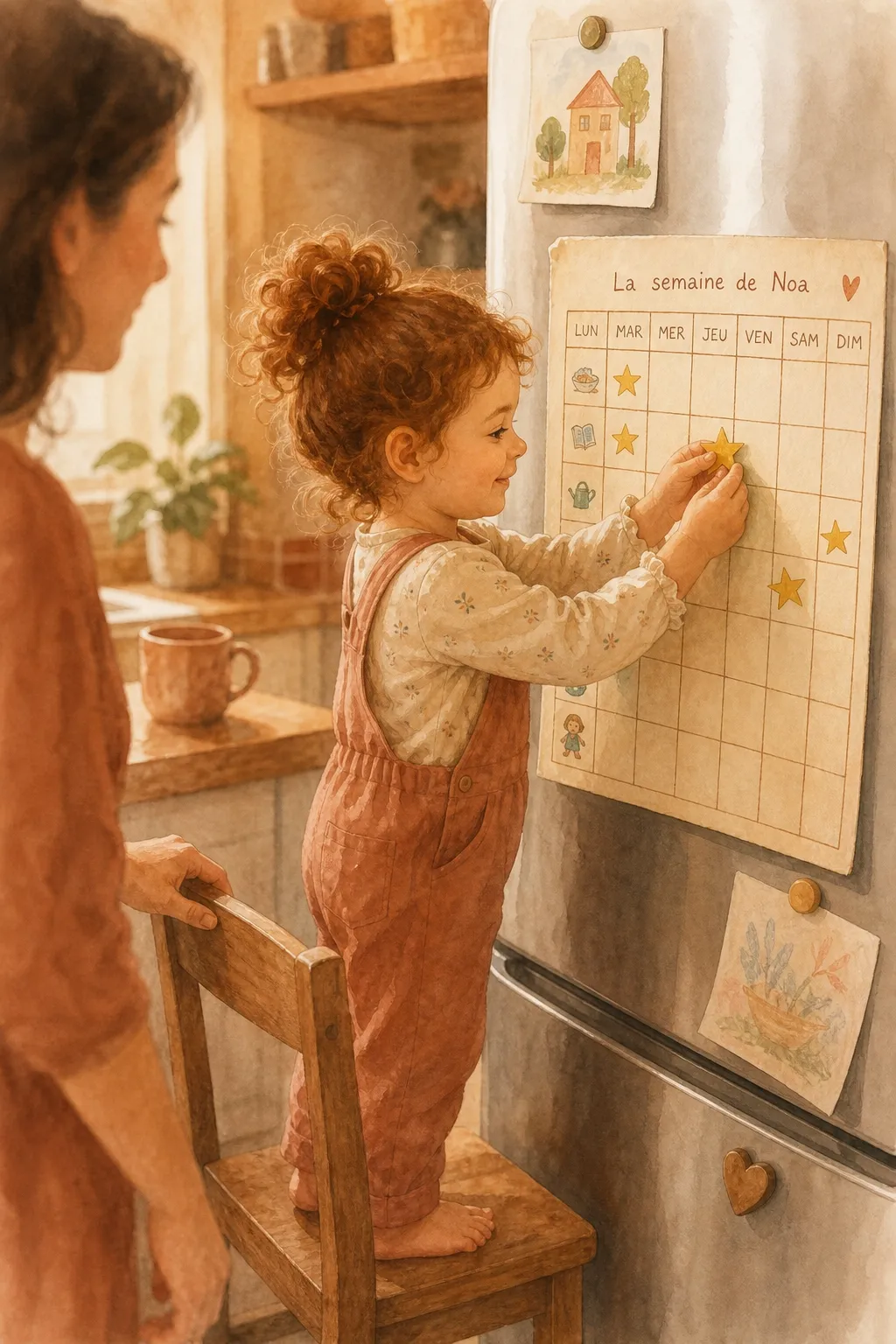 Niña pegando una estrella en su calendario semanal — refuerzo positivo para dejar el pañal · Los Mundos de Noa