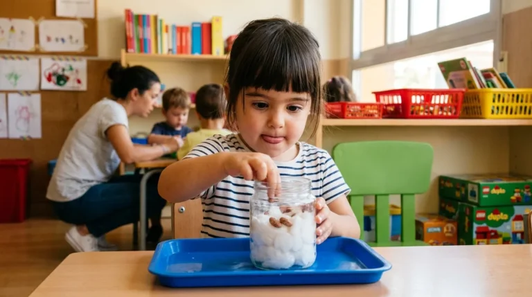 Niño de 2 años colocando judías en bote transparente con algodón húmedo — semillas en algodón niños