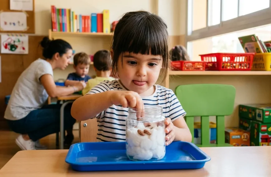 Niño de 2 años colocando judías en bote transparente con algodón húmedo — semillas en algodón niños