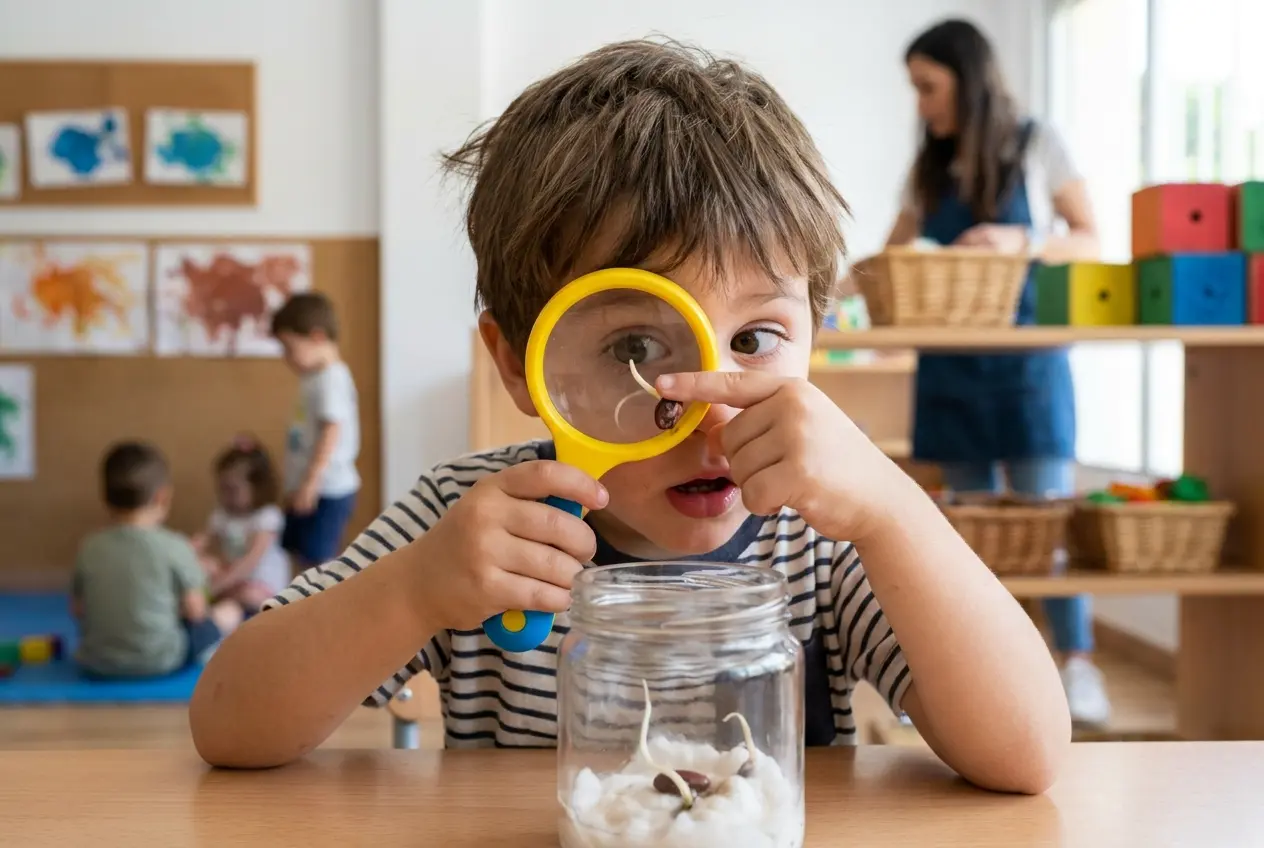 Niña de 3 años mirando con lupa las raíces de una judía germinando en bote transparente — experimento semillas algodón