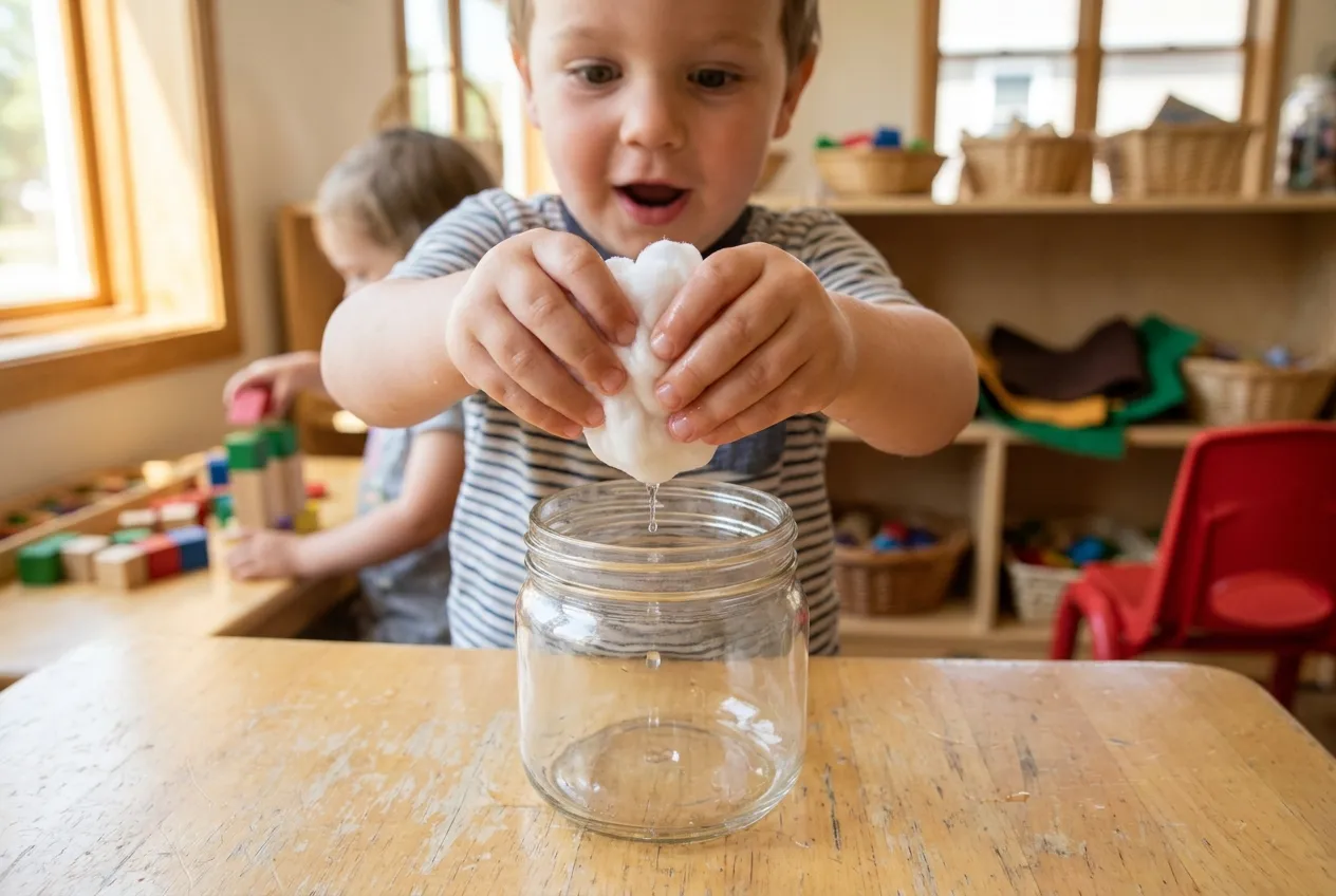 Manos de niño apretando algodón húmedo dentro de un bote de cristal transparente — semillas en algodón niños