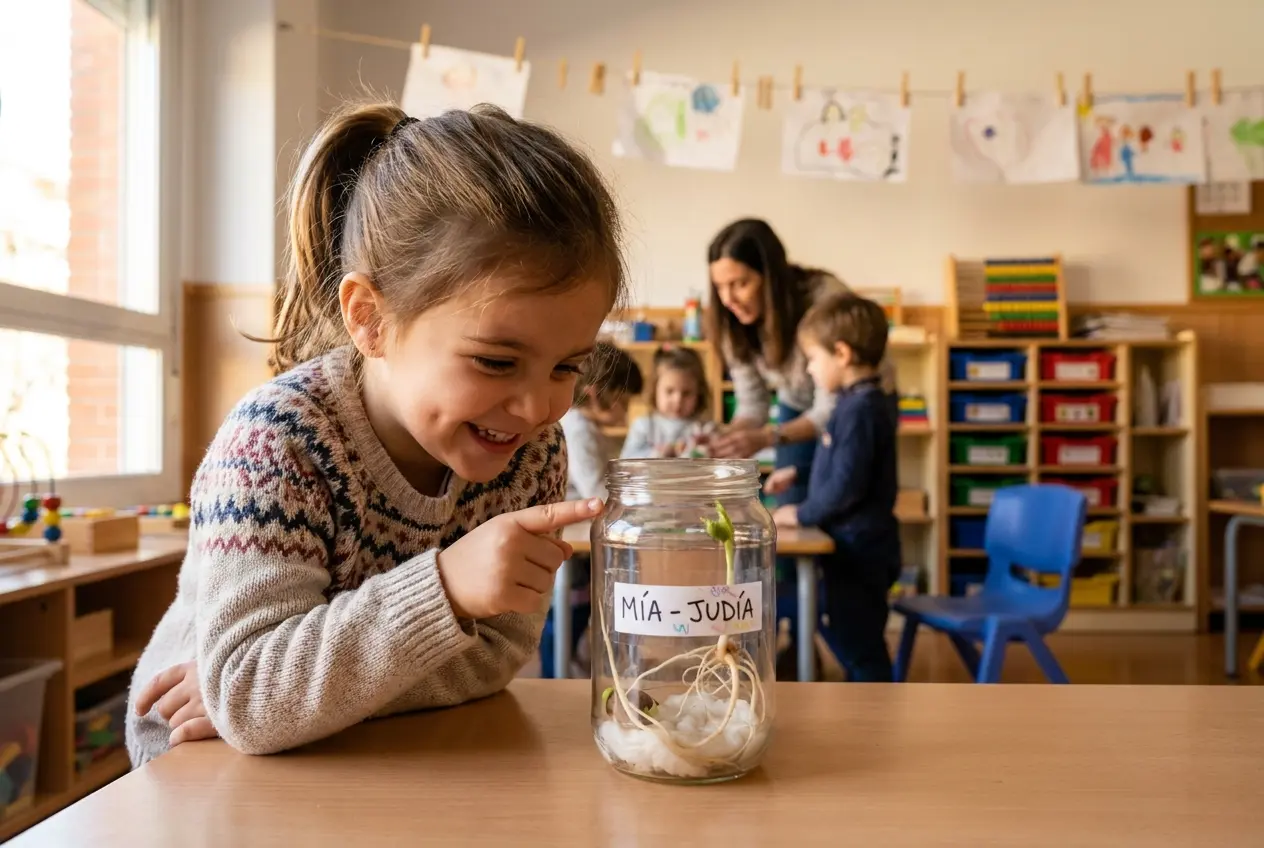 Niño señalando con el dedo la raíz blanca de una judía germinada en bote de cristal — experimento semillas niños 2 años