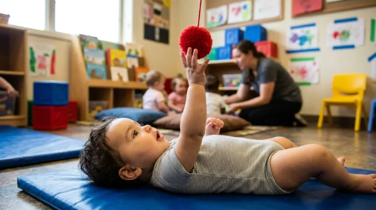 Bebé de unos 3 meses tumbado boca arriba estirando las dos manos hacia objetos colgados en un aula de bebés — estimulación bebé 3 meses
