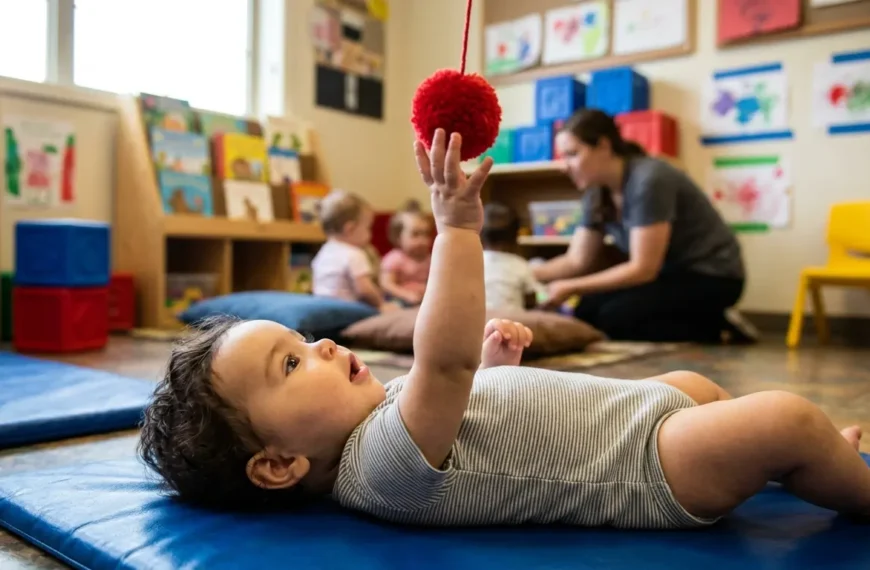 Bebé de unos 3 meses tumbado boca arriba estirando las dos manos hacia objetos colgados en un aula de bebés — estimulación bebé 3 meses