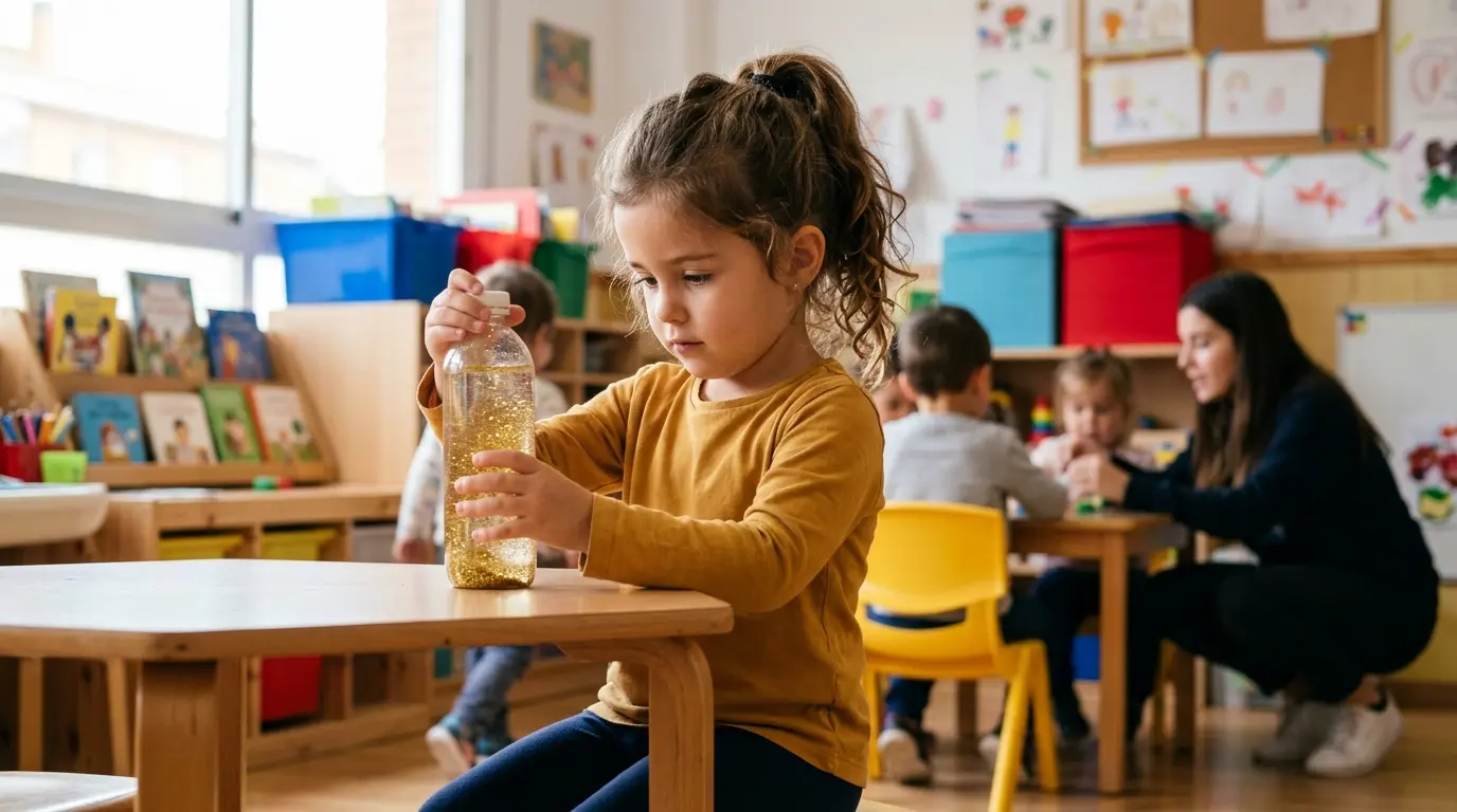 Niña de unos 4 años mirando caer la purpurina dentro de una botella de la calma en aula infantil — botella de la calma para niños