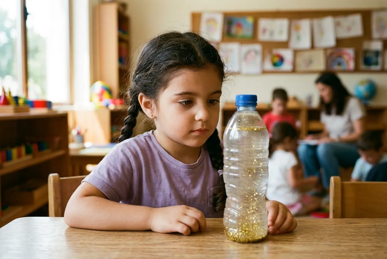 Niña absorta mirando caer la purpurina dentro de la botella de la calma con gesto sereno