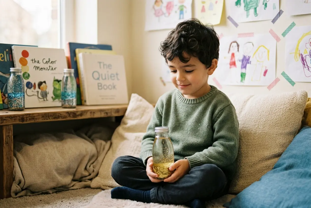 Niño sentado tranquilo en un rincón de la calma sosteniendo su botella de purpurina — botella de la calma para niños