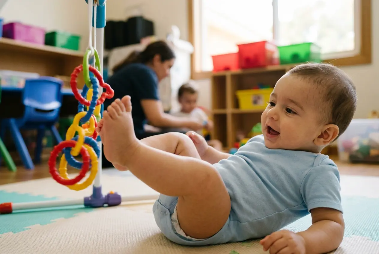 Bebé pataleando con los pies junto a un cascabel colgado que se mueve, con cara de sorpresa — estimulación bebé 3 meses