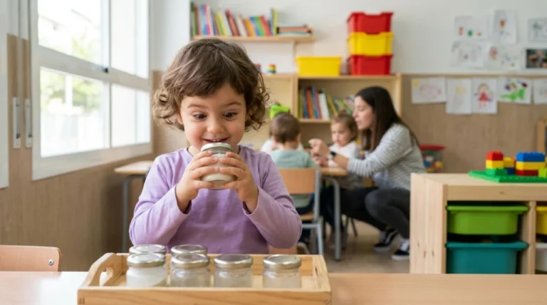 Niña de 2 años oliendo un bote de olores con los ojos muy abiertos en un aula colorida — botes de olores para niños