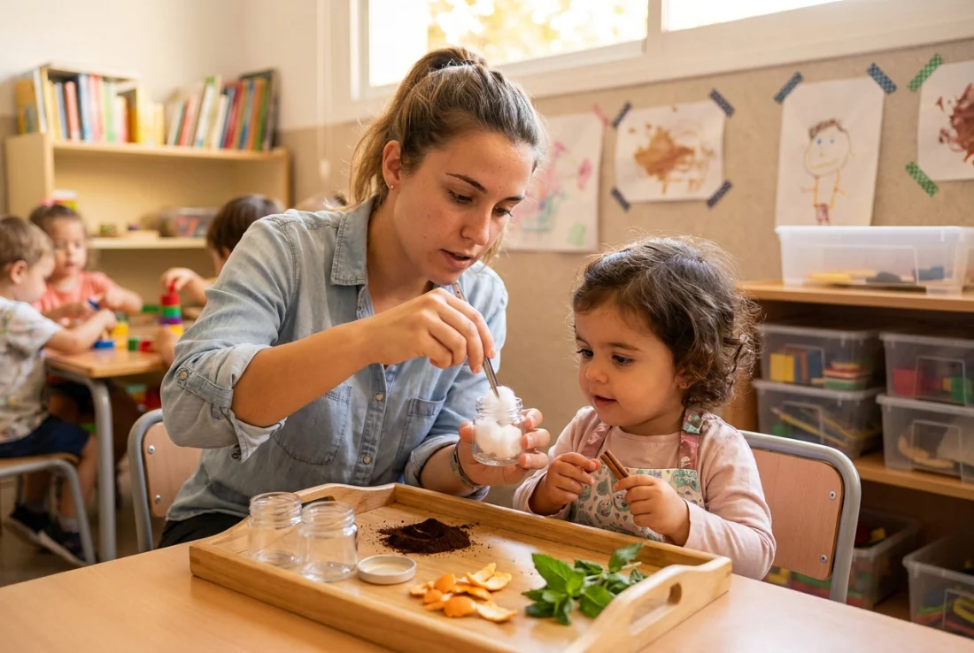 Educadora y niña pequeña preparando botes de olores con algodón y especias sobre una bandeja en un aula