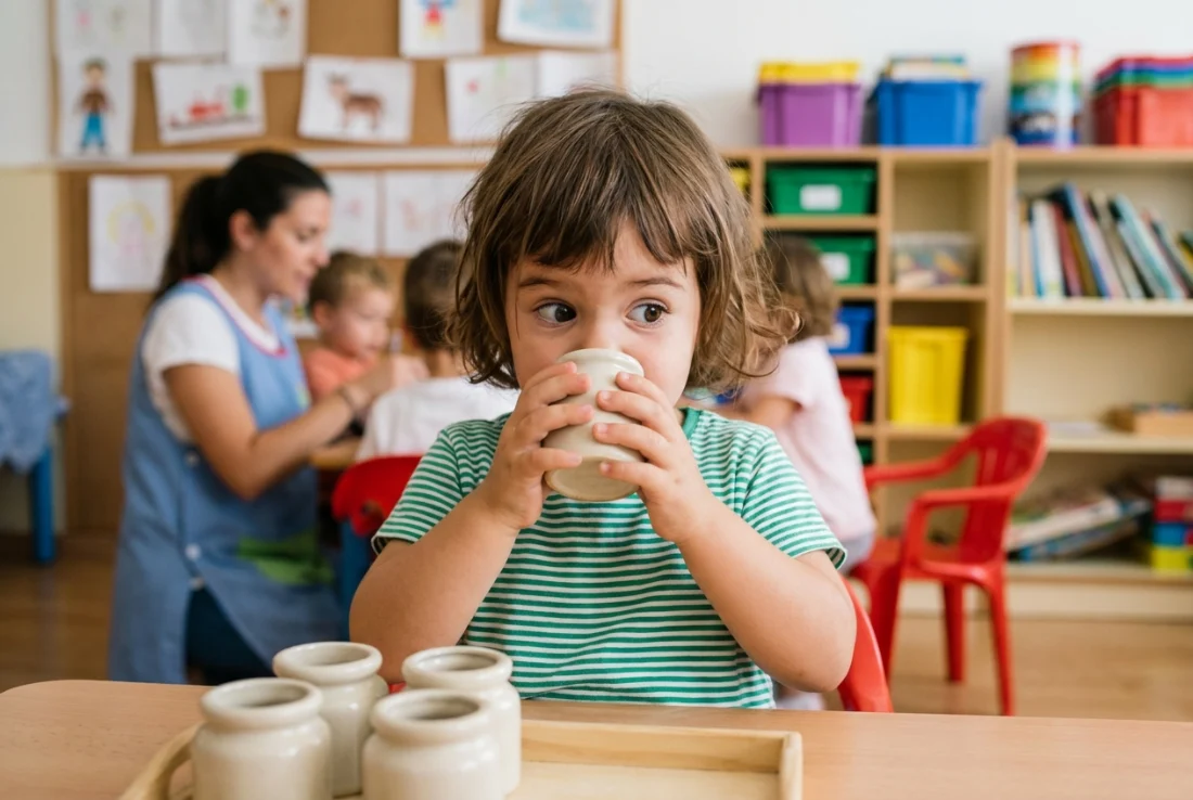 Niña de 2 años acercando un bote a la nariz e inspirando con los ojos muy abiertos en el aula