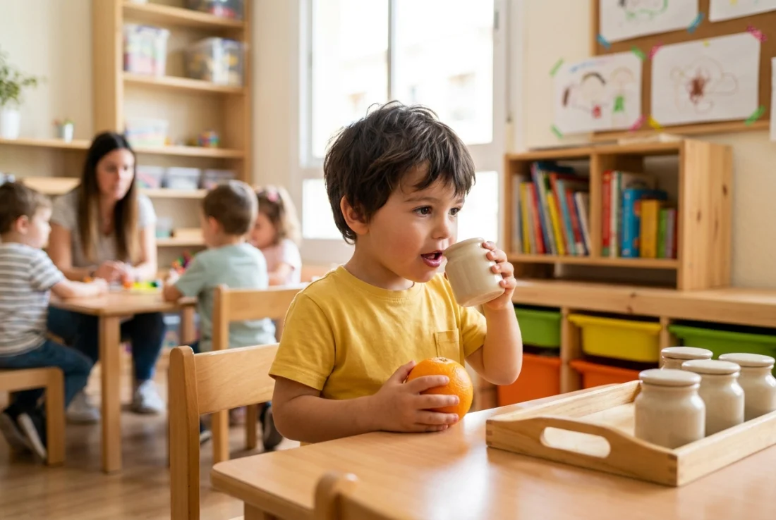 Niño pequeño oliendo un bote junto a una naranja de verdad que sostiene en la otra mano en el aula