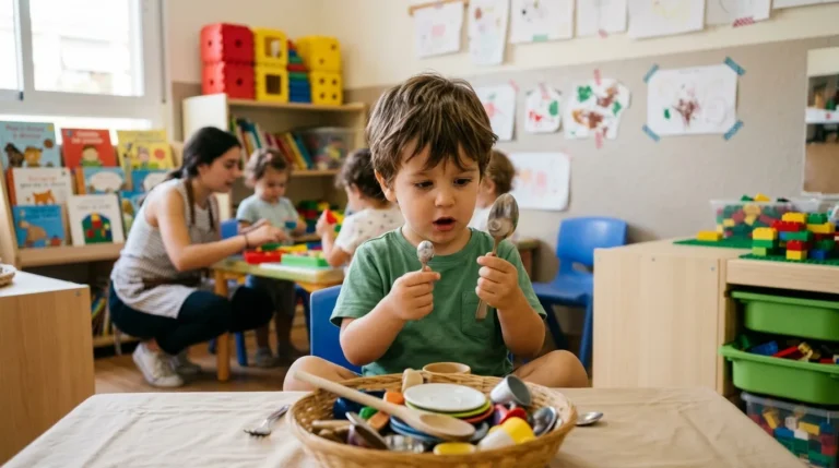 Niño de 2 años emparejando una cuchara real con una cuchara en miniatura en una cesta — emparejar objetos y miniaturas