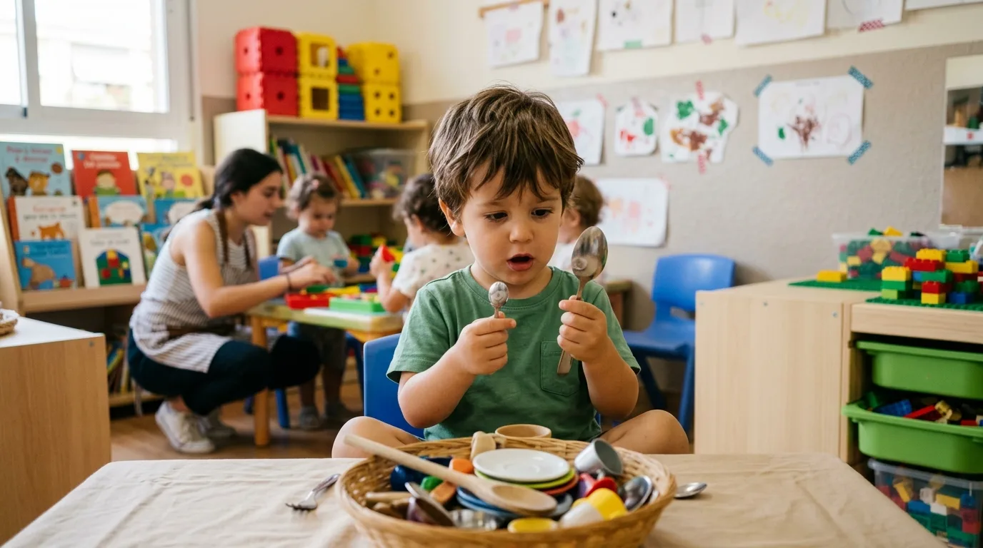 Niño de 2 años emparejando una cuchara real con una cuchara en miniatura en una cesta — emparejar objetos y miniaturas