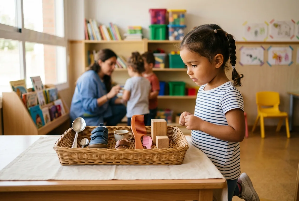 Cesta baja con objetos cotidianos grandes y sus miniaturas mezclados sobre un paño en un aula infantil