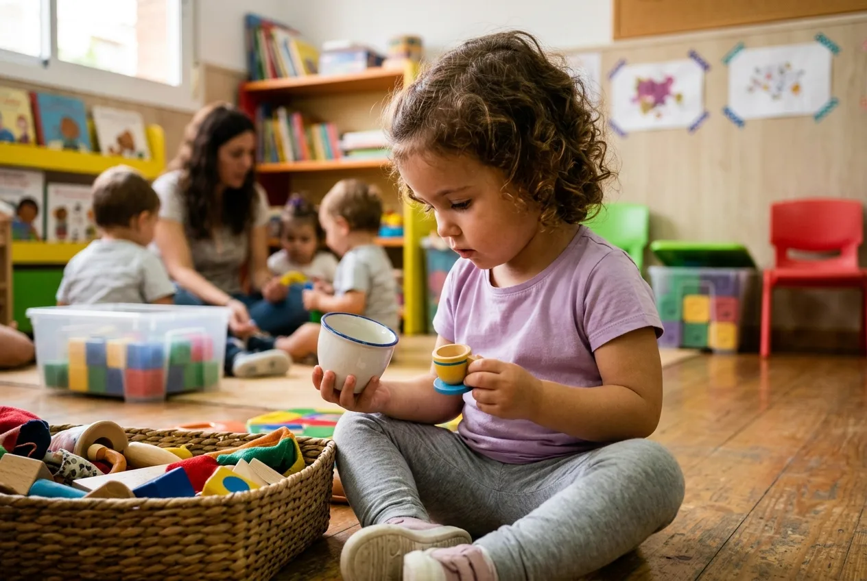 Niña de 2 años explorando una taza grande y una taza en miniatura sacándolas de una cesta en el aula
