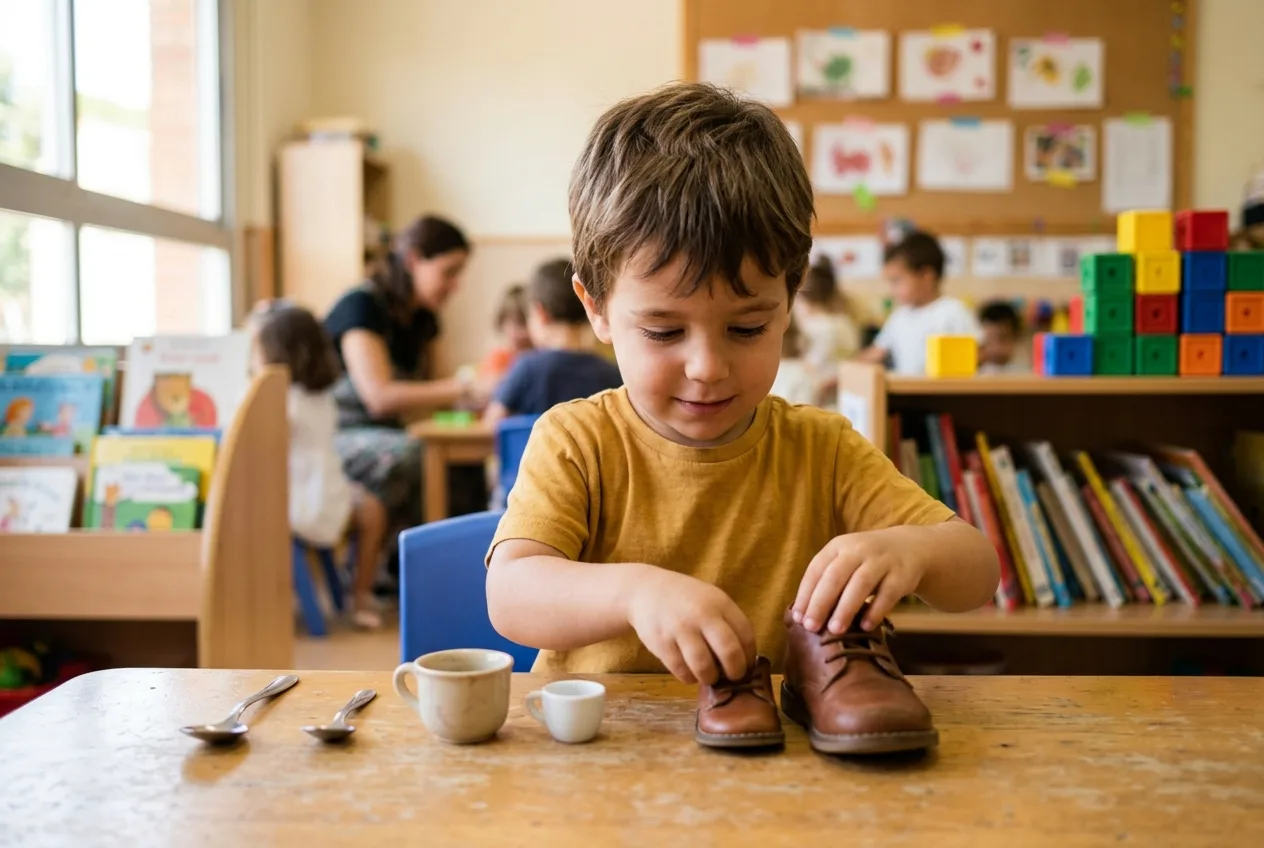 Niño de 2 años colocando un zapato en miniatura junto a un zapato real formando una pareja sobre la mesa