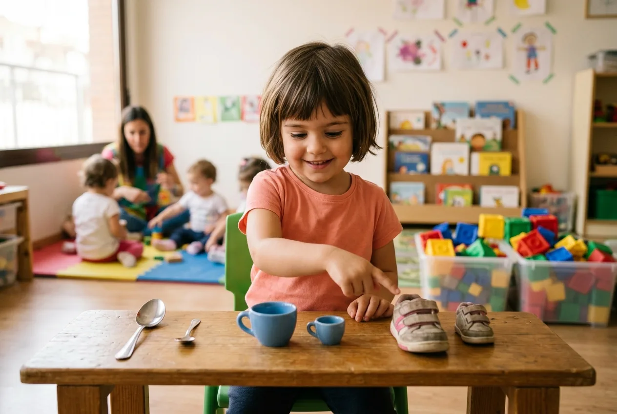 Niño de 2 años contemplando orgulloso varias parejas de objetos reales y miniaturas ordenadas en filas — emparejar objetos y miniaturas