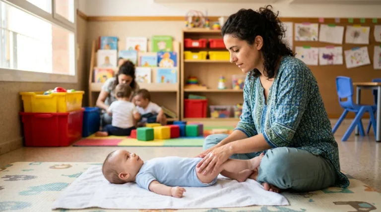 Educadora dando un masaje en las piernas a un bebé sobre una toalla en un aula — masaje infantil para bebés