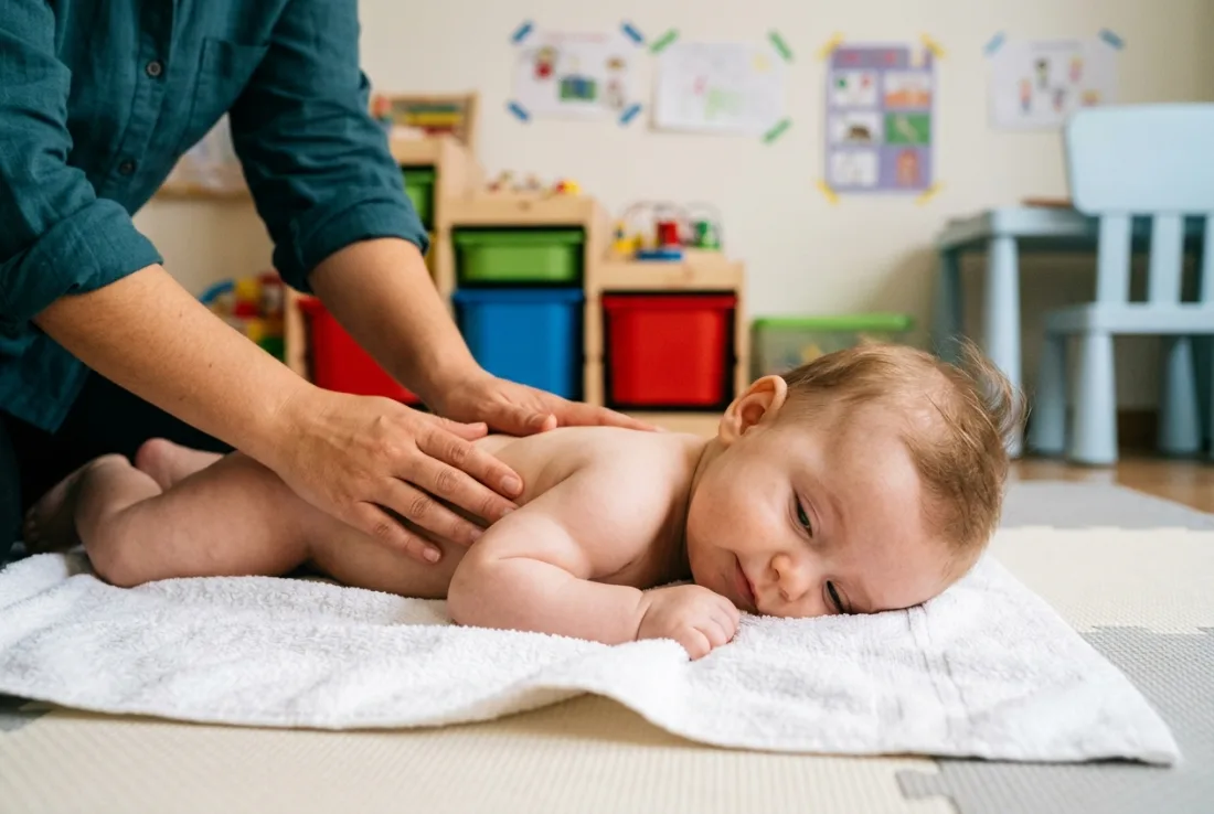 Bebé relajado boca abajo recibiendo un masaje suave en la espalda — masaje infantil para bebés