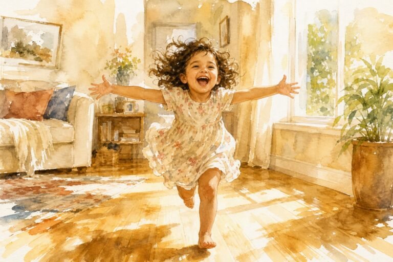 Ilustración acuarela de una niña de 2 años corriendo a toda velocidad por un salón luminoso con los brazos completamente abiertos, expresión de alegría desbordante