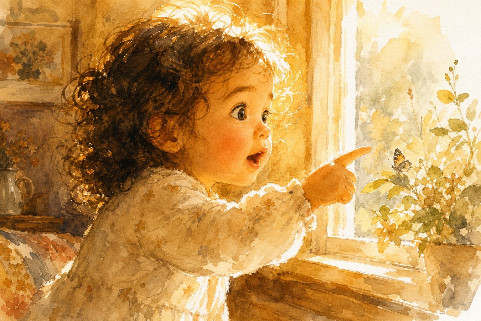 Noa de 2 años señalando algo fuera de la ventana con expresión de asombro, boca abierta, ojos brillantes