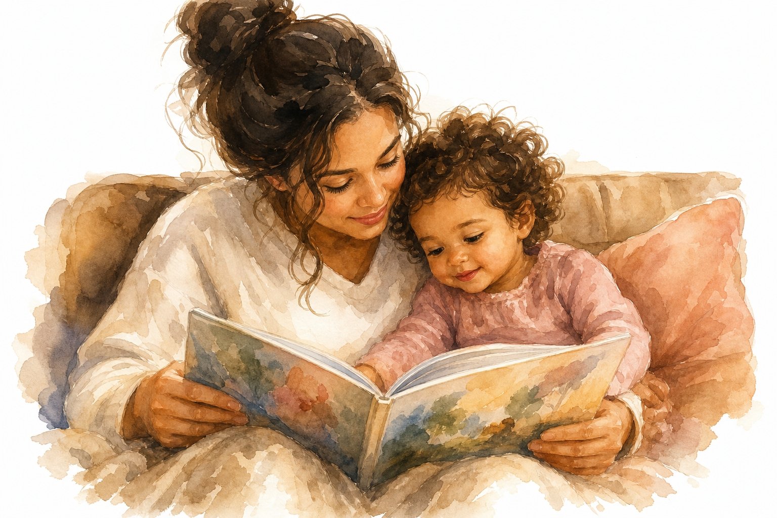 Noa de 2 años acurrucada con un adulto leyendo un libro juntos, cara de deleite, hora del cuento