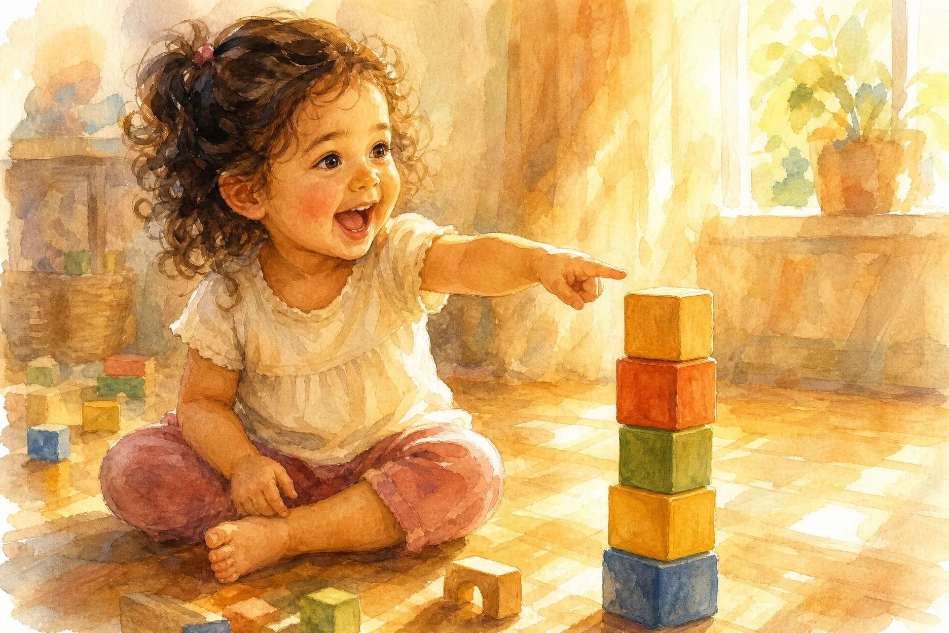 Noa de 2 años señalando orgullosa algo que acaba de lograr hacer sola — el instante del orgullo sano