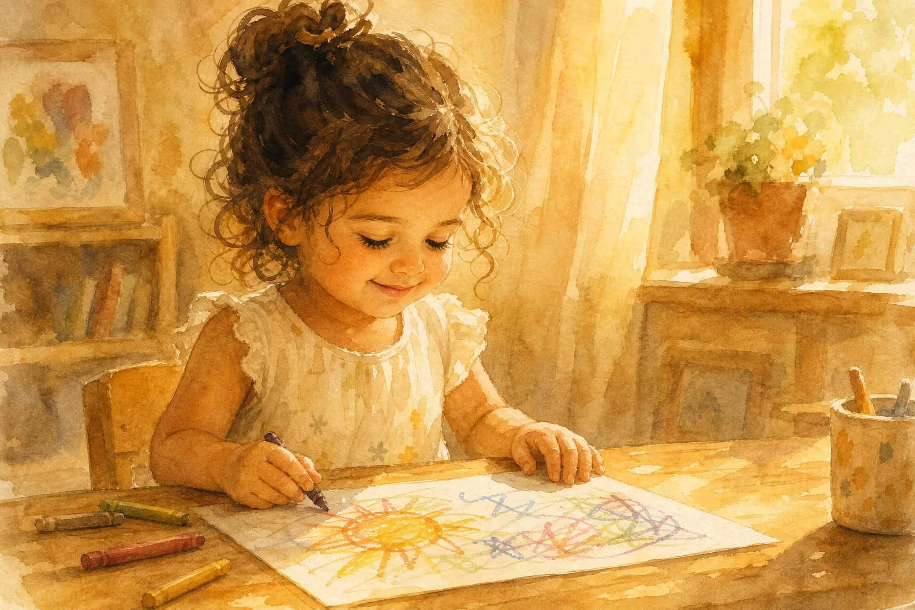 Noa de 2 años mirando con satisfacción su obra terminada, momento de pausa y orgullo interiorizado