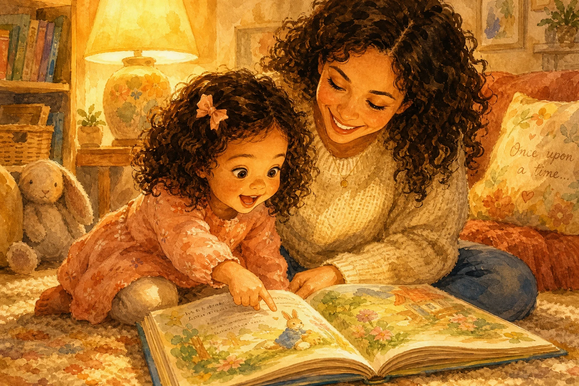 Adulto y Noa de 2 años leyendo juntos un cuento, momento íntimo de conexión y orgullo compartido