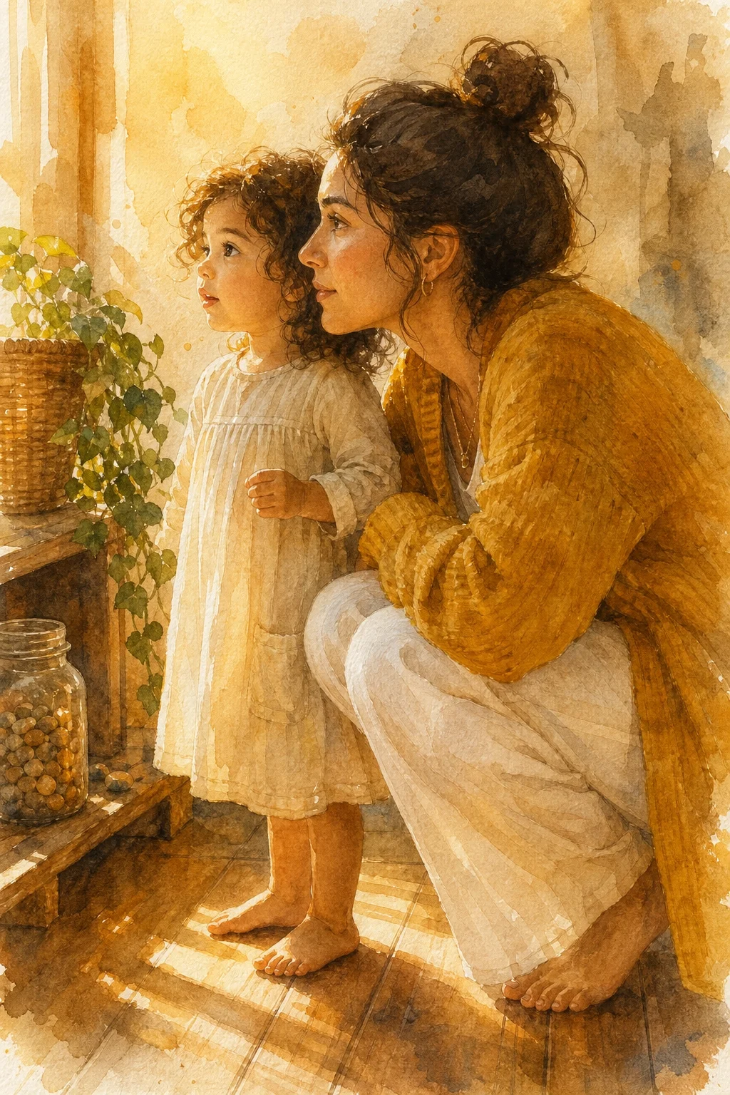 Adulto agachado junto a niña pequeña, ambos mirando algo en la misma dirección en silencio, tarde tranquila en el jardín