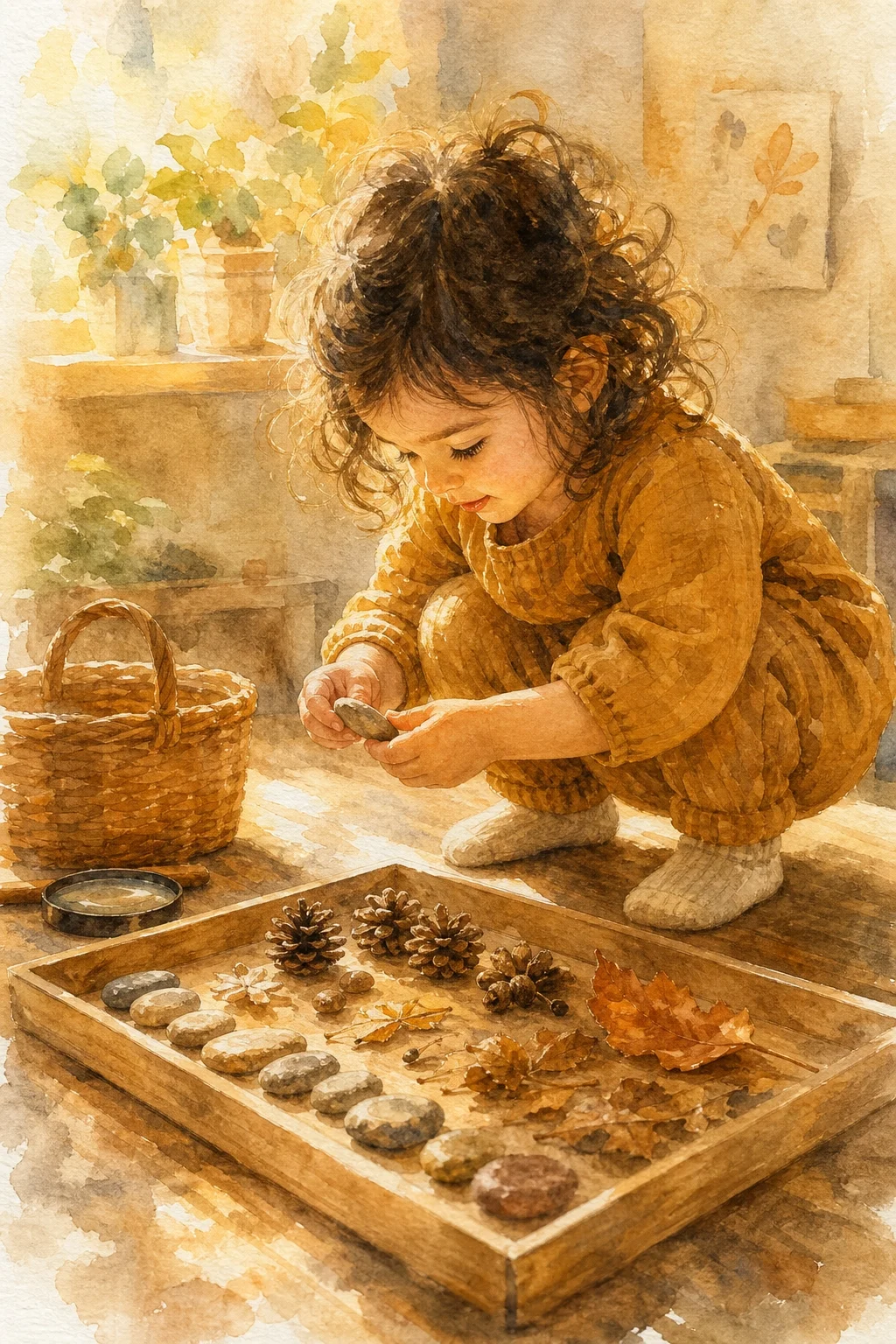 Niña pequeña explorando una bandeja con materiales naturales, piedras, hojas y piñas, con expresión de concentración y deleite