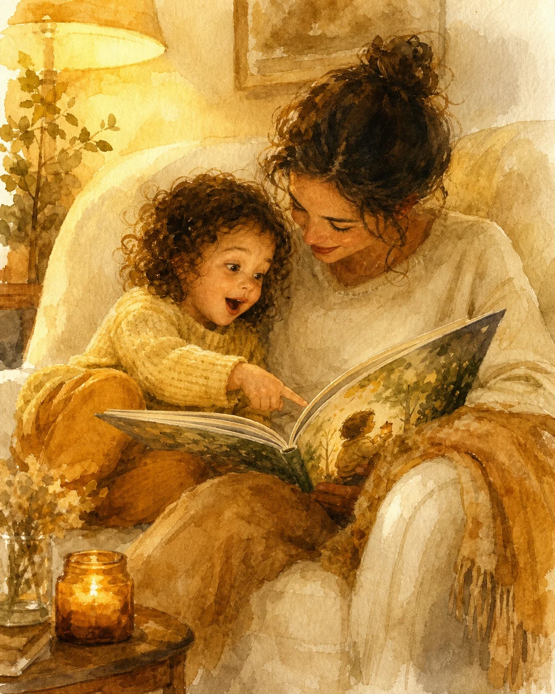 Adulto y niña leyendo juntos un cuento ilustrado en un sillón, la niña señala una página con cara de asombro y alegría compartida