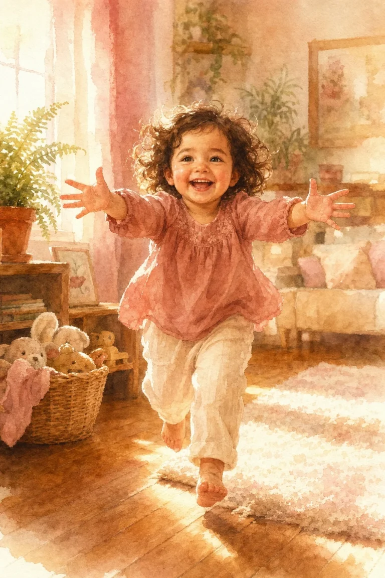 Niña de 2 años corriendo con los brazos abiertos, ilustración acuarela