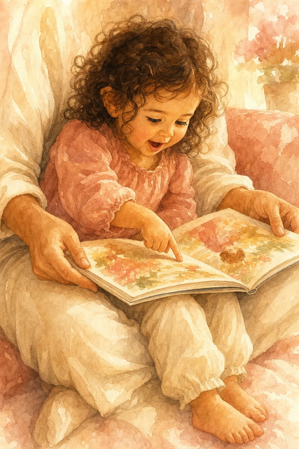 Noa a los 2 años sentada en regazo mirando un libro de cuentos — Clave 5 cuento y canción del cariño