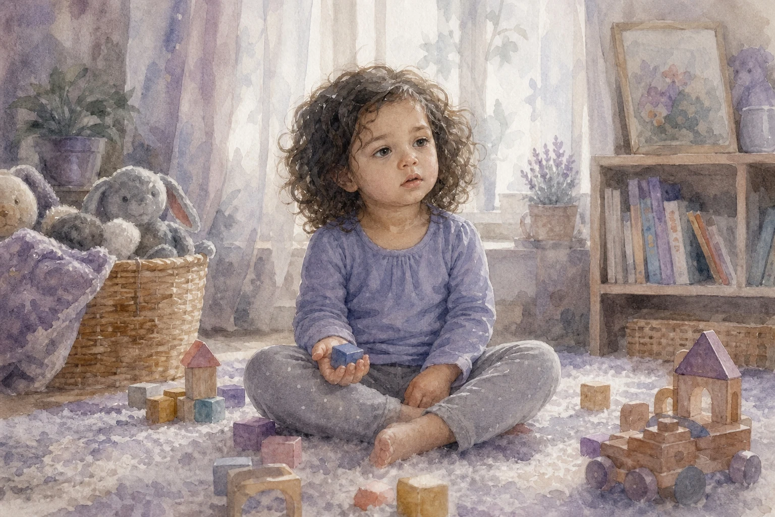 Noa de dos años sentada en silencio, mirando al vacío, sola aunque rodeada de juguetes