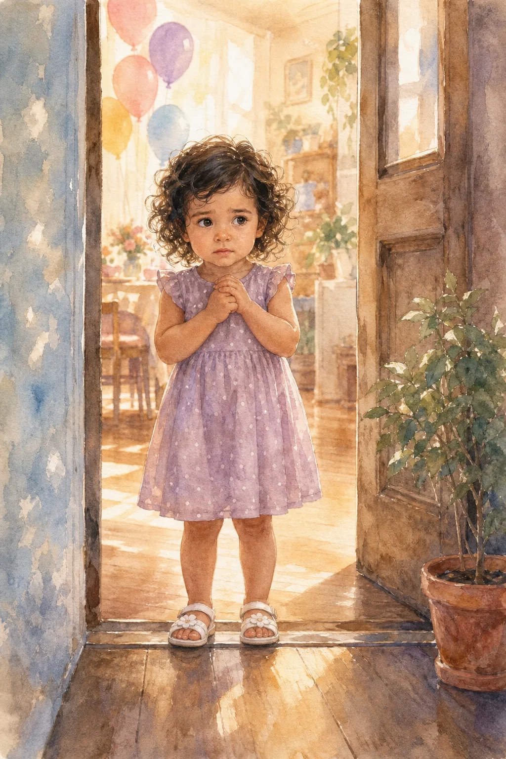 Niña de 2 años en el umbral de una puerta, cara visible con expresión cautelosa, manos juntas nerviosa — timidez infantil