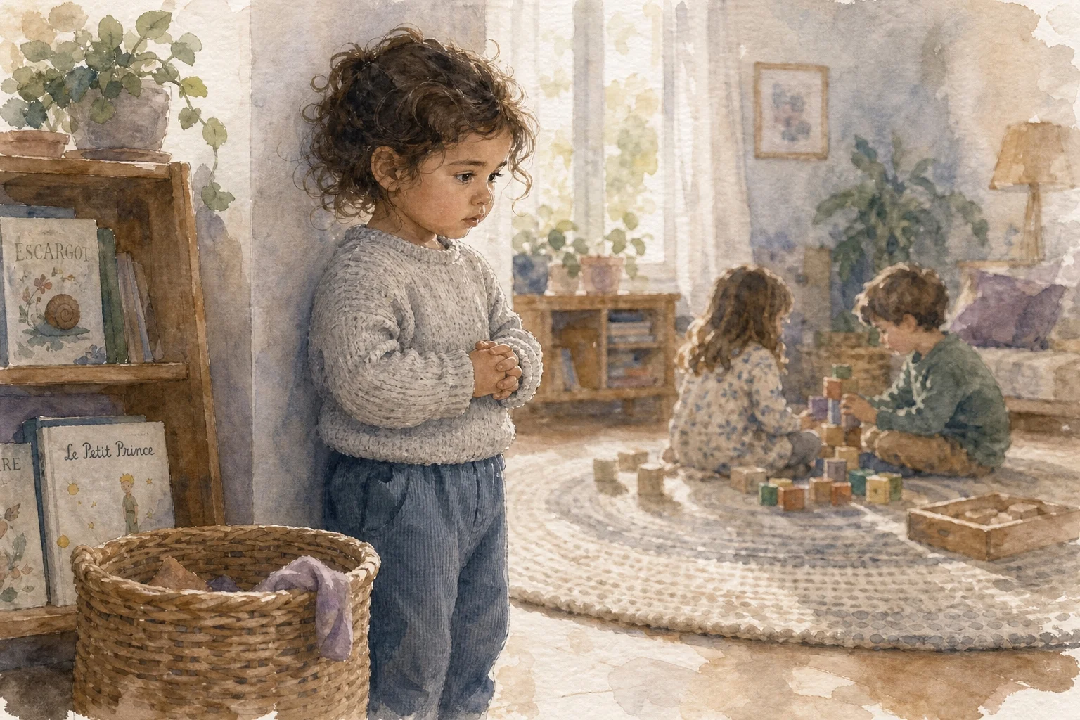 Niña de 2 años observando desde lejos una situación nueva, postura contenida, timidez infantil