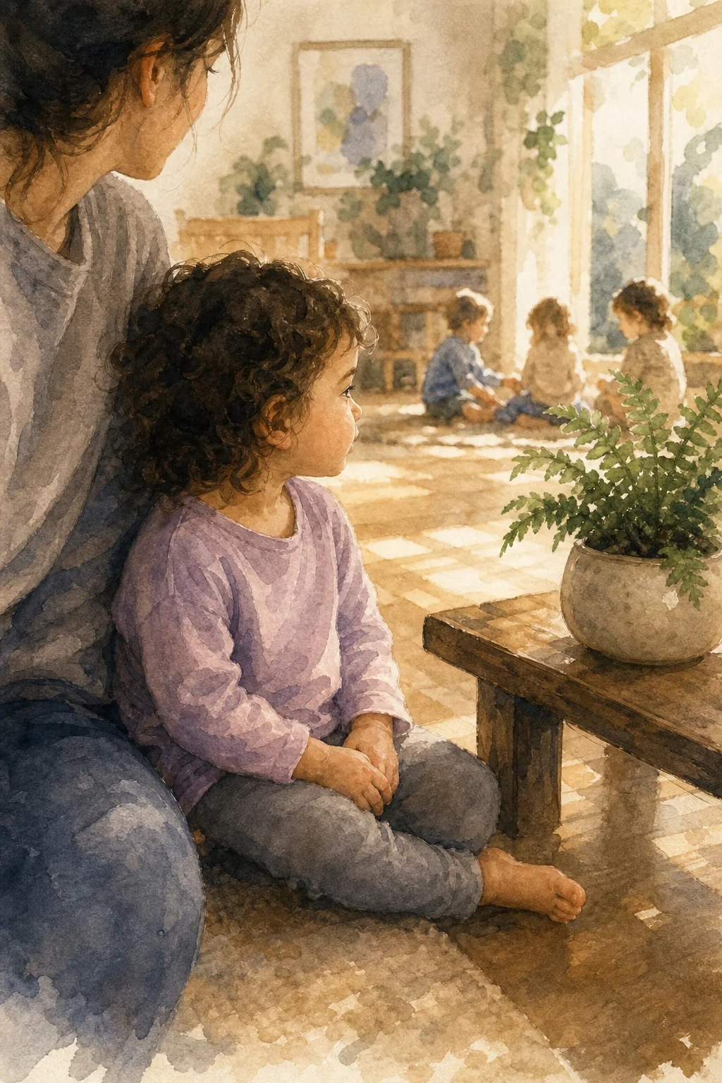 Adulto sentado tranquilamente mientras niña de 2 años observa a otros niños desde cerca de él, base segura