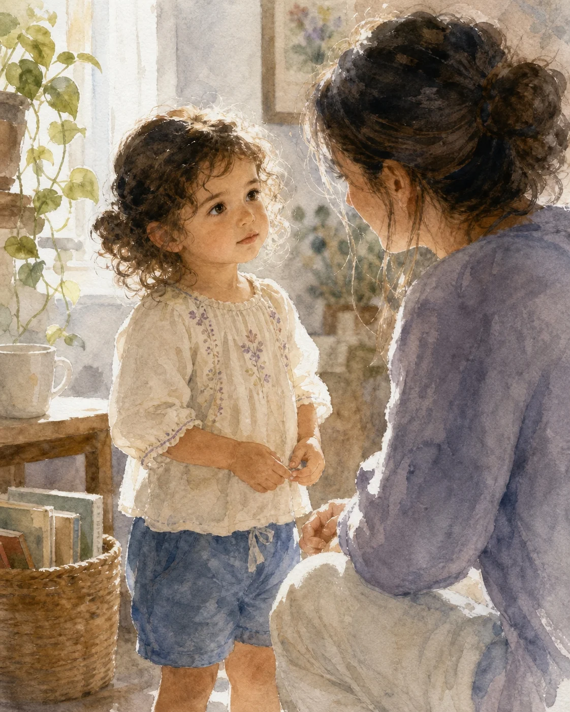 Adulto agachado al nivel de niña de 2 años, conversación tranquila cara a cara, acompañamiento timidez
