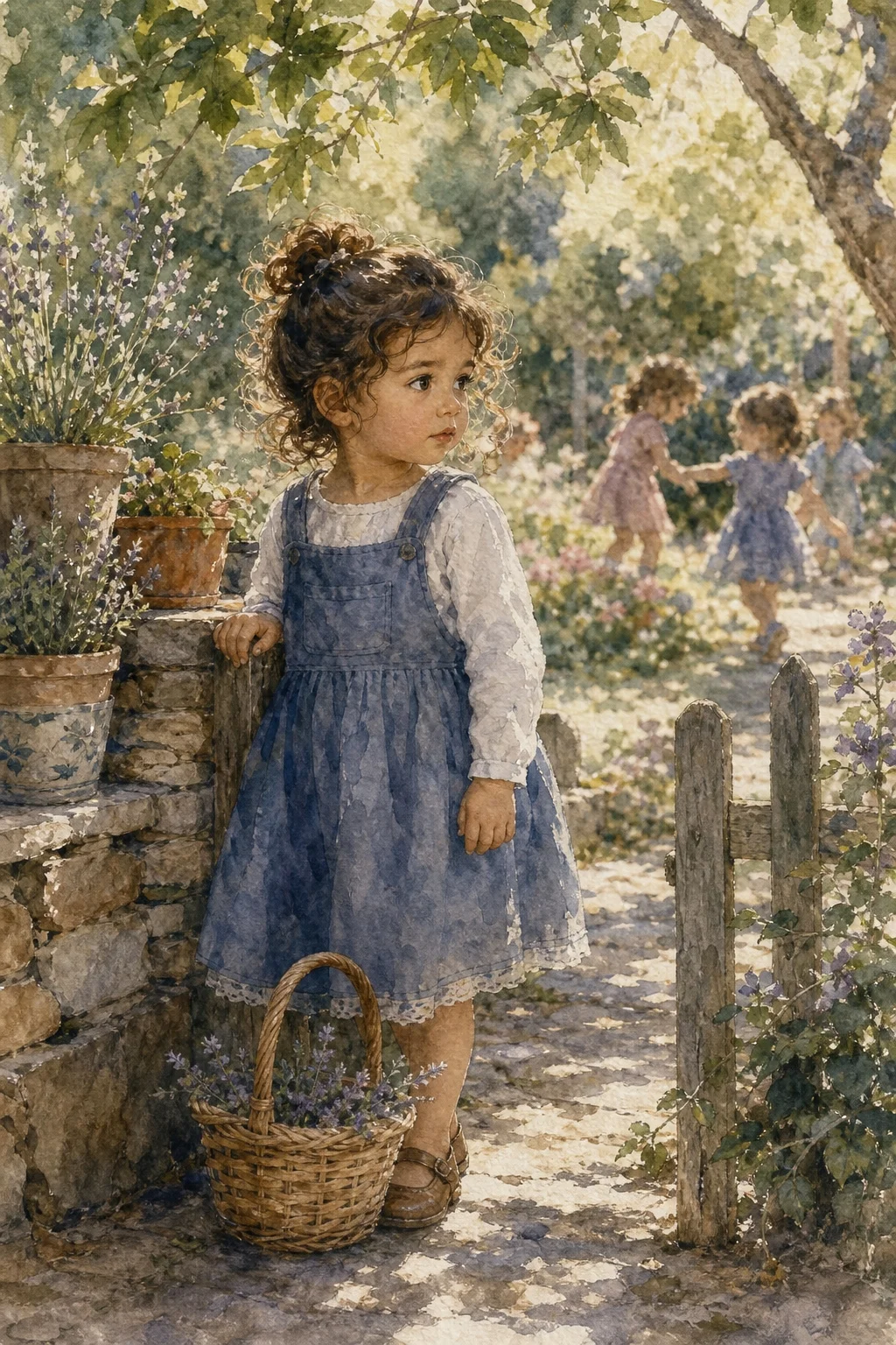 Niña de 2 años observando tranquilamente un grupo de niños jugando, integración gradual timidez