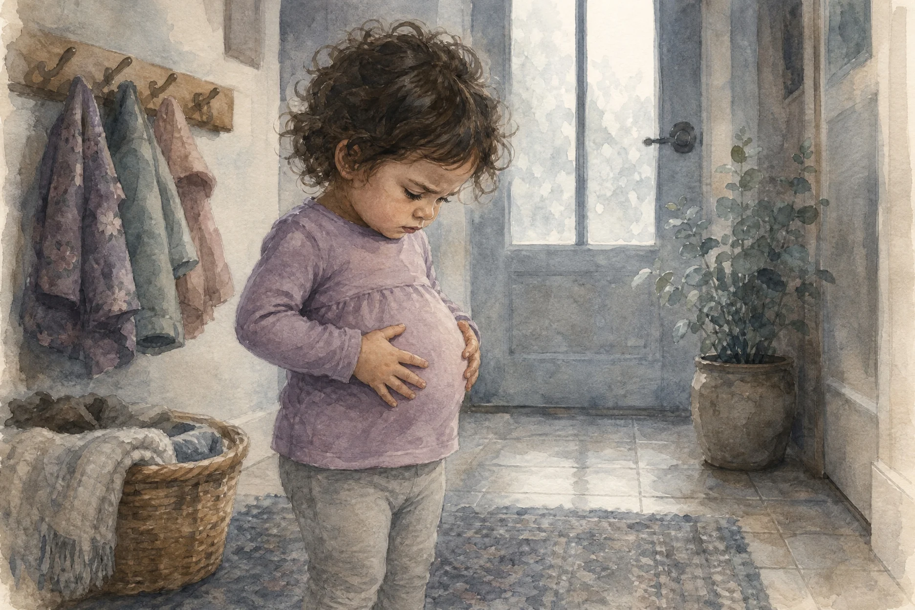 Niña de 2 años agarrándose la barriga con expresión seria, síntomas físicos de la preocupación infantil