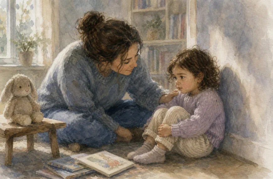 Ilustración en acuarela de una madre sentada en el suelo hablando con su hija pequeña junto a un peluche