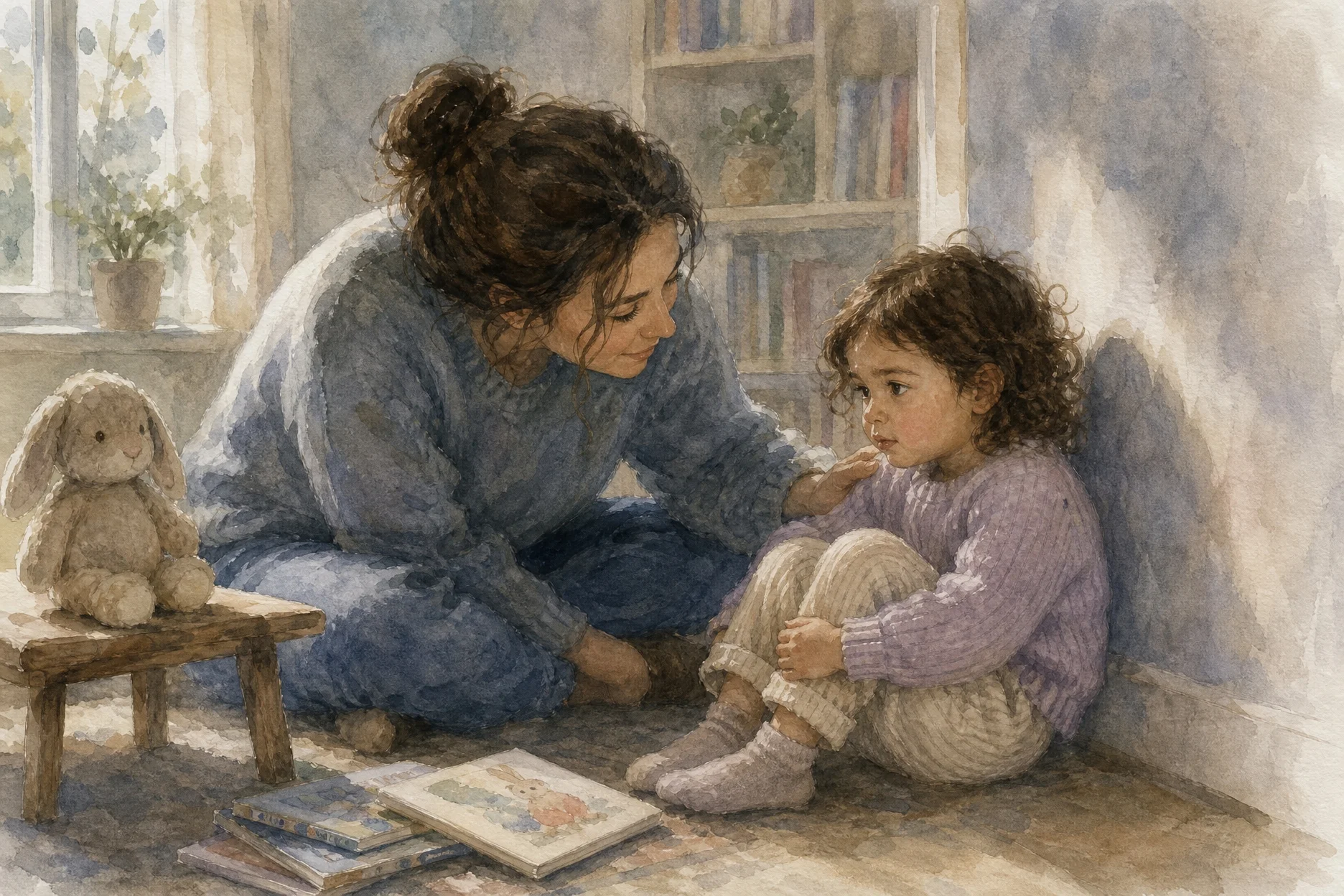 Adulto a la altura de una niña de 2 años, escuchándola con calma, acompañamiento emocional preocupación